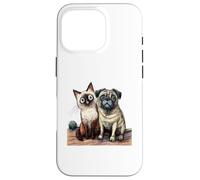 Cute Siamese Cat and Pug Dog Friends Sketch Case for iPhone 16 Pro