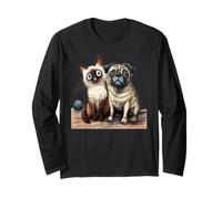 Cute Siamese Cat and Pug Dog Friends Sketch Long Sleeve T-Shirt