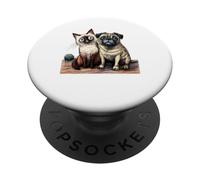 Cute Siamese Cat and Pug Dog Friends Sketch PopSockets Adhesive PopGrip