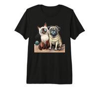 Cute Siamese Cat and Pug Dog Friends Sketch Premium T-Shirt