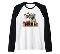 Cute Siamese Cat and Pug Dog Friends Sketch Raglan Baseball Tee