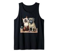 Cute Siamese Cat and Pug Dog Friends Sketch Tank Top