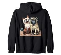Cute Siamese Cat and Pug Dog Friends Sketch Zip Hoodie