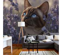 Cute Siamese Cat With A Country Style Wallpaper - Purple Romantic Lavender Wall Mural 400X280Cm (W X H), 3D Botanical Large Photo Wallpaper Mural For Bedroom, Living Room, Hallway, Home Decor