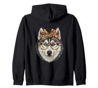 Cute Siberian Husky Dog Face Leopard Coquette Bow Glasses Zip Hoodie