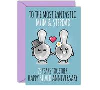Cute Silver Anniversary Card for Mum & Step Dad - 25 Years Together - Happy 25th Wedding Anniversary Cards for Step Dad Mum, A5 Greeting Cards Anniversaries
