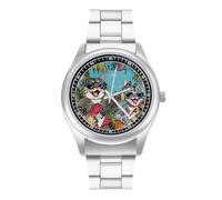 Cute Singing DJ Disco Cat Fashion Quartz Wrist Watch Stainless Steel Wristwatches with Arabic Numerals for Men Women