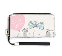 Cute Sitting Elephant with Pink Balloon Writing Love You Retro Style Long Clutch Wallet, Long Handbag with Removable Wristlet Strap, PU Leather Zip Purse, Credit Pass Case Card-Holder for Men Women