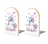 Cute Sitting Unicorn Cartoon with Hearts, Isolated on White Book Shelf Holder, Bookends Book Stand for School Home Office Desks Library Books Movies DVDs Files Magazines S