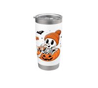 Cute Skeleton Cup Pumpkin Orange Bobble Hat Spooky Skeleton Stainless Steel Insulated Tumbler