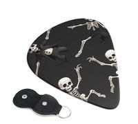 Cute Skeleton Dancing Printed Guitar Picks, 6 Pack with Leather Keychain Pick Holder - 0.46mm, 0.71mm, 0.96mm Assorted Thickness for Acoustic Ukulele, Electric Guitar, Acoustic Guitar, Bass