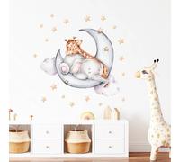 Cute Sleeping Baby Elephant Giraffe Wall Stickers, sacinora Moon and Stars Cartoon DIY Wall Decals Removable Vinyl Peel and Stick for Kids Baby Nursery Bedroom Toddler Room Art Decorations