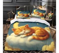 Cute sleeping kitten 3D Print 3 Piece Set Comforter Cover Cartoon fantasy night scene Duvet Cover Ultra Soft Breathable Microfiber Invisible Zipper for Toddlers Kids Teens Adults Single (135x200cm)