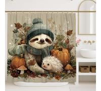 Cute Sloth and Hedgehog Shower Curtain, Autumn Pumpkin Forest Bathroom Decor, Cozy Fall Wildlife Theme Waterproof Fabric Shower Curtain with Hooks 72x72 Inch