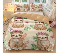 Cute Sloth and Leaves Duvet Cover Double, Watercolor Floral Sloth Bedding Set, Soft Microfiber Tropical Sloth Comforter Cover (04,King240x220cm+50x75cm*2)