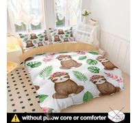 Cute Sloth and Leaves Duvet Cover Double, Watercolor Floral Sloth Bedding Set, Soft Microfiber Tropical Sloth Comforter Cover (03,Double200x200cm+65x65cm*2)