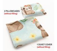 Cute Sloth and Leaves Duvet Cover Double, Watercolor Floral Sloth Bedding Set, Soft Microfiber Tropical Sloth Comforter Cover (05,King 240x220cm+65x65cm*2)
