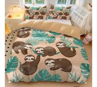 Cute Sloth and Leaves Duvet Cover Double, Watercolor Floral Sloth Bedding Set, Soft Microfiber Tropical Sloth Comforter Cover (01,Double200x200cm+50x75cm*2)
