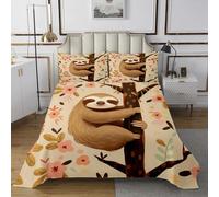 Cute Sloth Bedspread Double Size,Kawaii Little Flower Super Soft Quilt Coverlet for Home Decor,Tropical Plants Wild Animals Bedding Set 3 Pcs(1 Coverlet+2 Pillowcases)