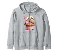 Cute Sloth Eating Cupcake with Pink Frosting & Heart Balloon Zip Hoodie