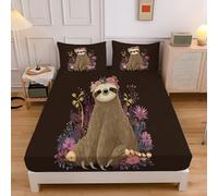 Cute Sloth Fitted Sheet 180×200 Cm, Hotel Quality Cartoon Animals Ultra Soft & Breathable Brushed Microfiber Deep Pocket 30 Cm, Cooling Fitted Sheet For Super King Bed (Dark Brown)