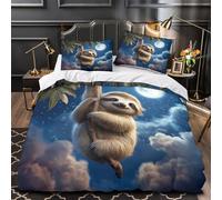 Cute sloth hanging 3D Printed 3 PCS Duvet Cover night sky whimsical art Quilt Cover Set Soft Microfiber Zipper Closure Dust Mite Resist for Kids Teens Single (135x200cm)