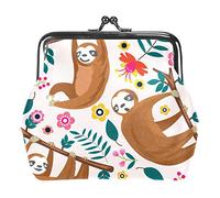 Cute Sloth Hanging on The Tree Flower Coin Purse Vintage Pouch Buckle Clutch Bag Kiss-Lock Change Purse Clasp Closure Wallets for Women Girl