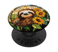 Cute Sloth Hugging Sunflowers Round Artwork PopSockets Adhesive PopGrip
