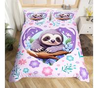 Cute Sloth Kids Duvet Cover Double Size,Kawaii Wild Animal Jungle Branch Bedding Set for Bedroom Decor,Nature Flowers Leaves Graffiti Purple Microfiber Soft Comforter Cover 2 Pillowcases,No Comforter