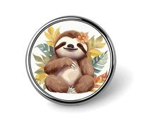 Cute Sloth Leaves Badges Decorative, Durable Aluminum Alloy Round Badge, Lightweight Button Brooch for Shirts, Jackets, Hats, Uniforms 1"