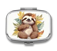 Cute Sloth Leaves Pill Box 2 Compartment, Portable Pill Case with Mirror for Pocket Purse Travel, Mini Metal Medicine Organizer for Vitamins Fish Oil