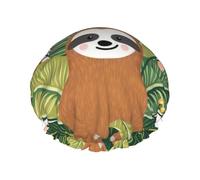 Cute sloth & Leaves Print Shower Cap - Reusable, Double Layer, Hotel Travel Essentials, Salon Shower Hat Accessories L