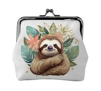 Cute Sloth Leaves Small Coin Purse For Women, Kiss-Lock Wallet Leather Cute Coin Wallet Mini Coin Pouch Change Purse Key Holder