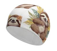 Cute Sloth Leaves Swim Cap for Adult, Elastic Fabric Swimming Cap, Comfortable Bathing Cap for Long & Short Hair