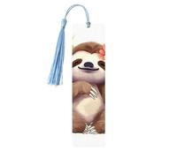 Cute Sloth Leaves Wooden Bookmarks 5 Pcs,Handmade Double-Sided Printed Book Marks Page Markers with Sky Blue Tassels Book Accessories Gift for Book Lovers Women Men