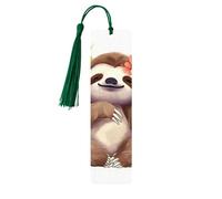 Cute Sloth Leaves Wooden Bookmarks 5 Pcs,Handmade Double-Sided Printed Book Marks Page Markers with Dark Green Tassels Book Accessories Gift for Book Lovers Women Men