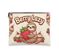 Cute Sloth Makeup Bag, Playful Berry Lazy Cosmetic Pouch for Women, Portable Canvas Zipper Organizer, Spring Skincare Travel Bag, cream, 7x9 Inch, Sloth