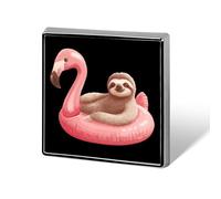 Cute Sloth on An Inflatable Flamingo Novelty Brooches & Pins Square Personalised Metal Lapel Badge with Butterfly Clutch Clasp