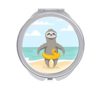 Cute Sloth on Ocean Beach with Yellow Duck Circle Folding Make Up Mirror, Compact 2X/1X Magnification Mirror, Women Portable Travel Makeup Mirror 2.4 x 2.4 inch