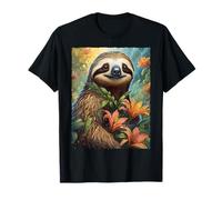 Cute Sloth Orange Floral Tropical Botanical Jungle Aesthetic T-Shirt