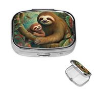 Cute Sloth Pill Box 2 Compartment Round Metal Pill Case for Purse & Pocket, Portable Medicine Organizer Travel Pillbox Daily Pill Container Holder to Hold Vitamins, Fish Oil