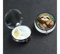 Cute Sloth Pill Box with Mirror 3 Compartment Decorative Pill Case for Purse or Pocket Small Round Pill Organizer Weekly Metal Medicine Tablet Vitamin Holder Travel Gift