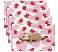 Cute Sloth Placemats Set of 4 45X30cm Kawaii Animal Table Place Mats Decor Strawberry Placemat Kitchen Dining Table Decor Indoor Outdoor Pink