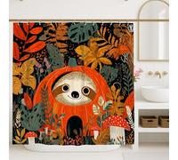 Cute Sloth Shower Curtain, Autumn Orange Black Leaf Bathroom Decor, Fall Seasonal Fun Modern Fabric Shower Curtain with Hooks 72x72 Inch
