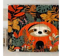 Cute Sloth Shower Curtain, Autumn Orange Black Leaf Bathroom Decor, Fall Seasonal Fun Modern Fabric Shower Curtain with Hooks 108x72 Inch