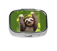 Cute Sloth Square Pill Box with Full Print Design - Portable Metal Travel Case for Vitamins & Medication, 2.2x1.6x0.7 Inch.