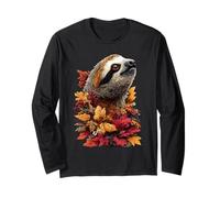 Cute Sloth with Autumn Leaves Fall Flowers Jungle Animal Long Sleeve T-Shirt