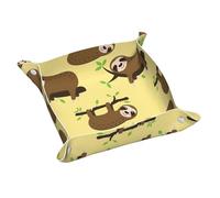 Cute Sloths On Yellow Lemons Print Leather Valet Tray For Women,Travel Organizer, Trinket Jewelry Cosmetic Organizer Tray