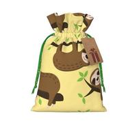 Cute sloths on yellow lemons Printed Christmas Drawstring Bags with Green Christmas Ribbon - Reusable Burlap Drawstring Gift Pouches, S