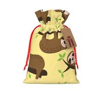 Cute sloths on yellow lemons Printed Christmas Drawstring Bags with Red Christmas Ribbon - Reusable Burlap Drawstring Gift Pouches, M
